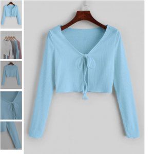 Ribbed Tie-Front Cropped Shirt - Light Sky Blue